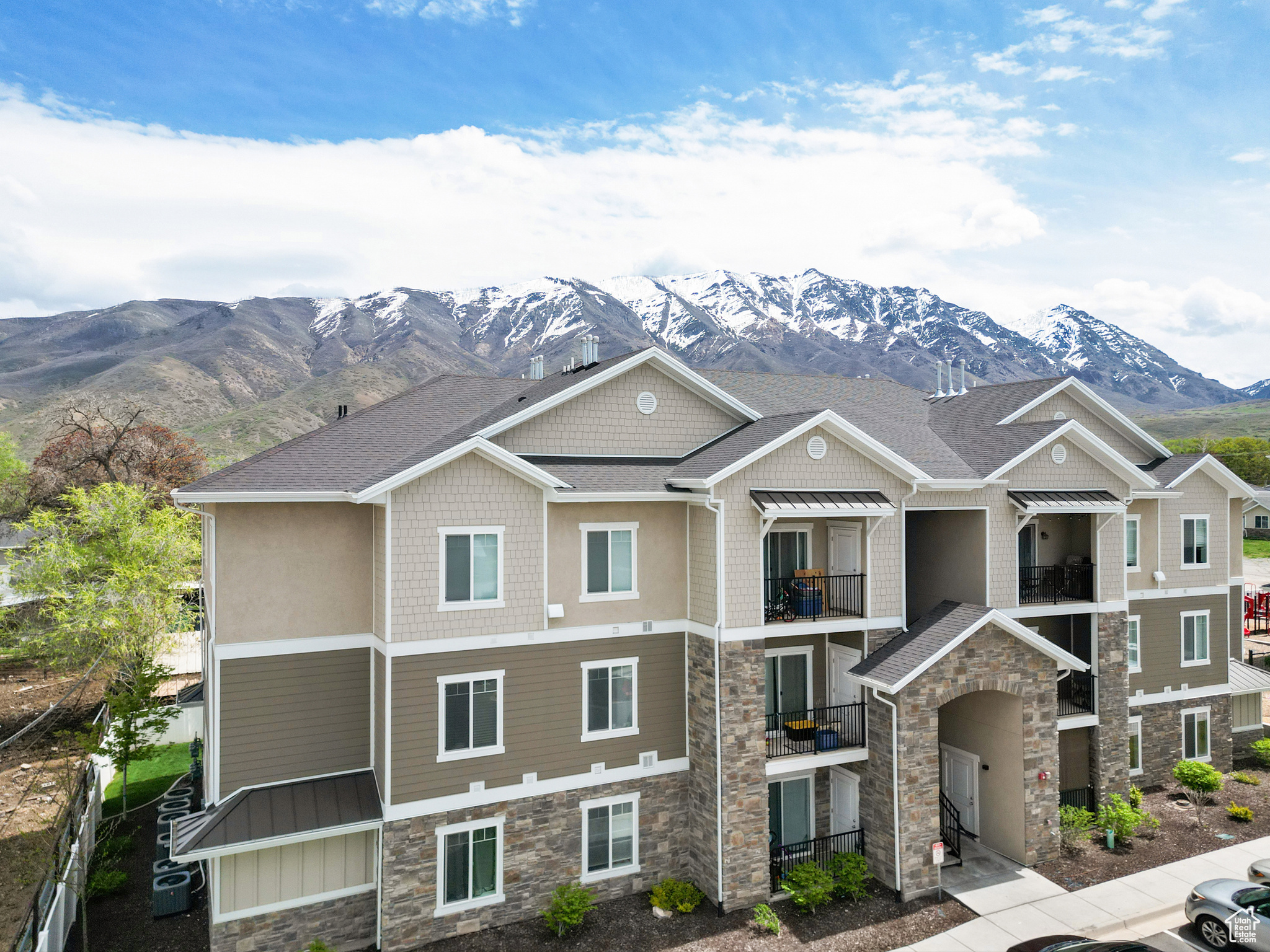 Exterior space featuring a mountain view and a garage