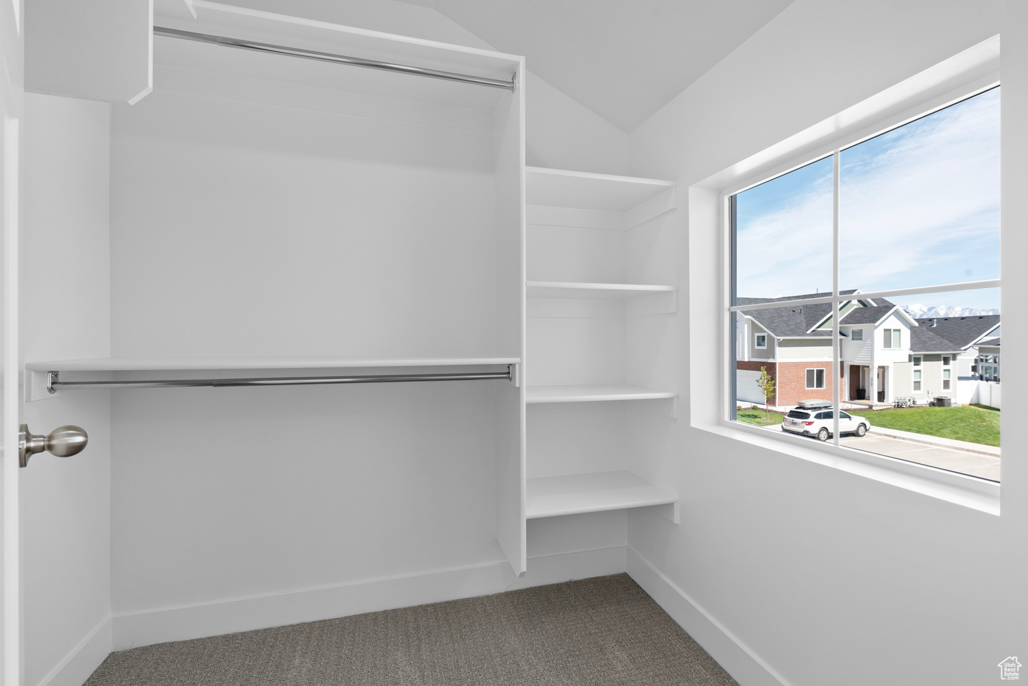 Walk in closet featuring carpet floors and vaulted ceiling