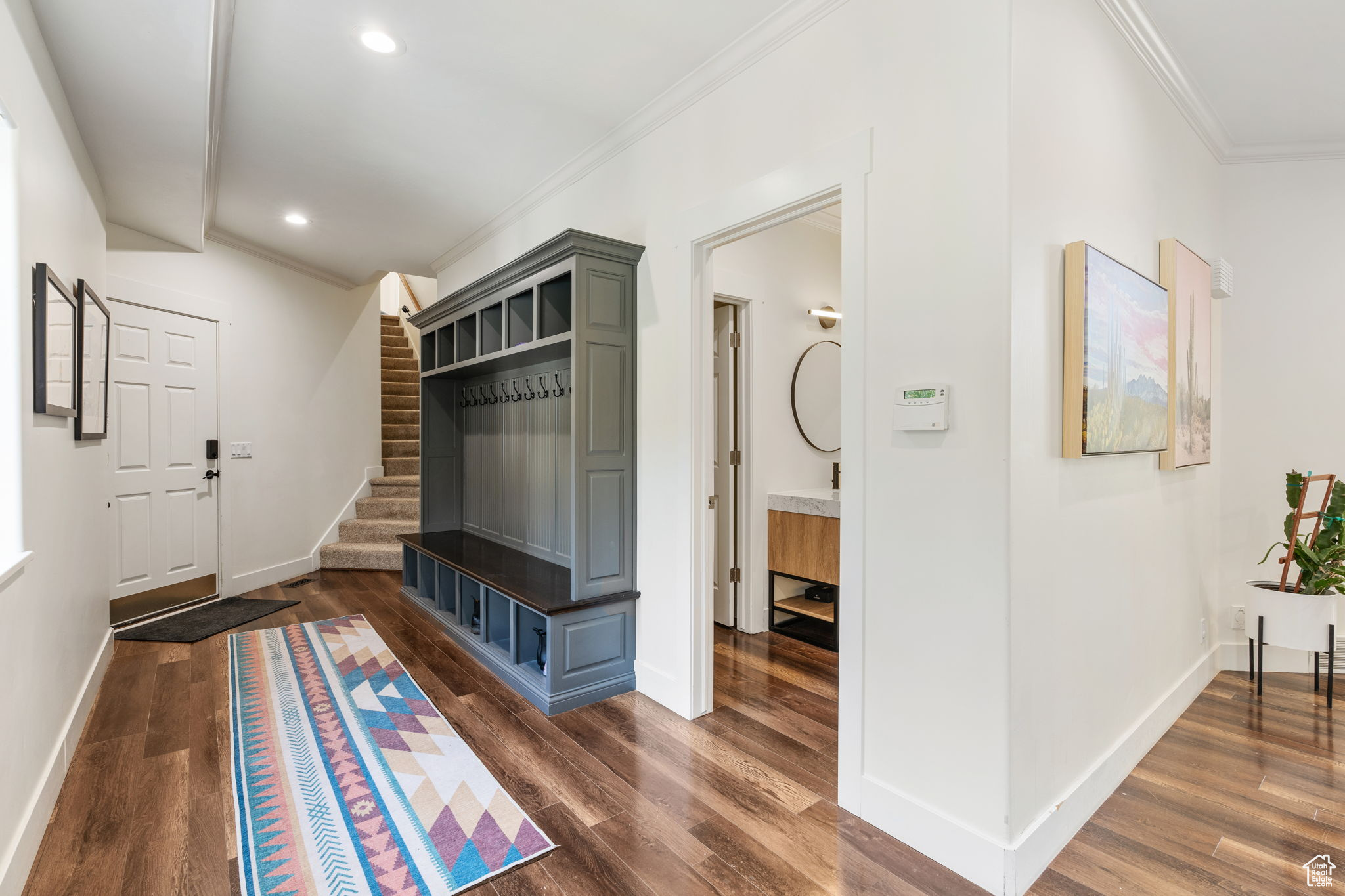 Mudroom with crown molding and dark wood-type flooring