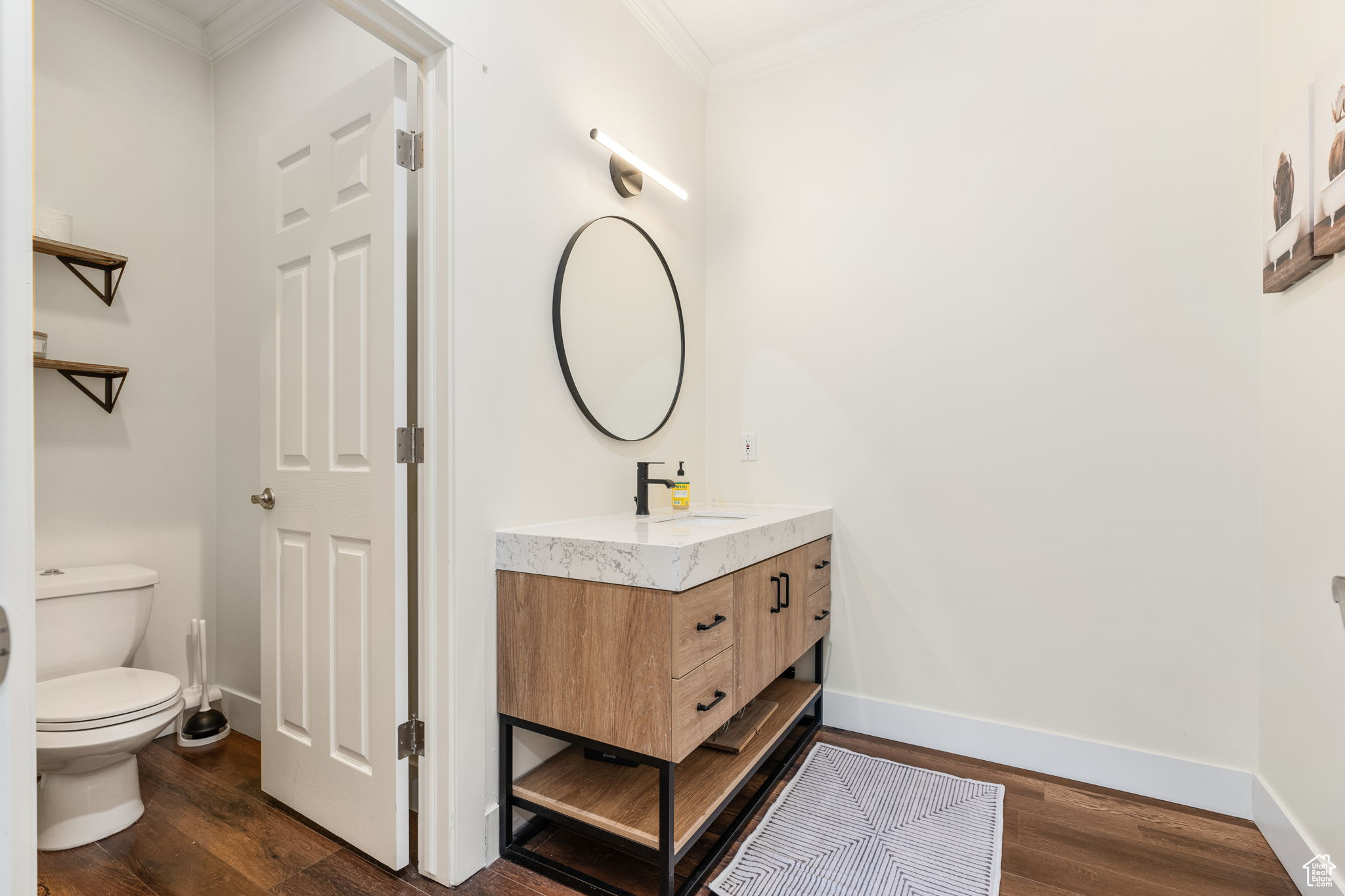 Bathroom featuring wood-type flooring, vanity, crown molding, and toilet