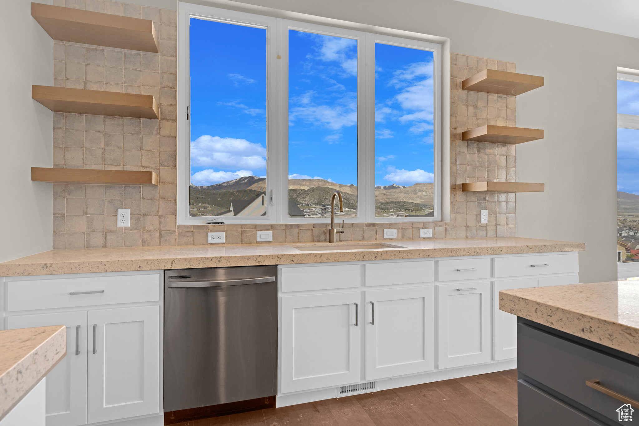 Kitchen with dishwasher, dark hardwood / wood-style floors, tasteful backsplash, white cabinets, and sink