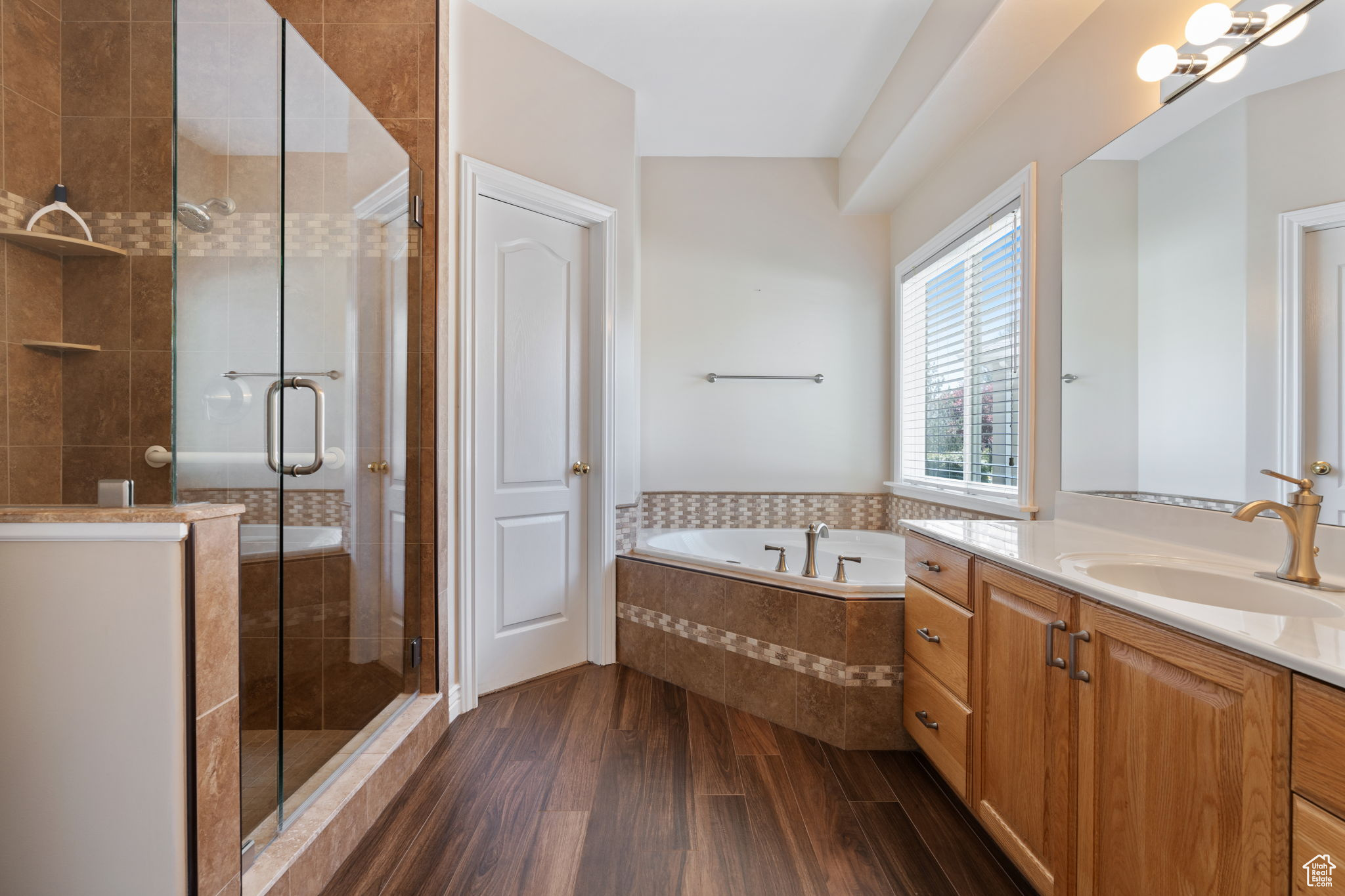 Master Bathroom featuring hardwood / wood-style flooring, shower with separate jetted bathtub, and vanity
