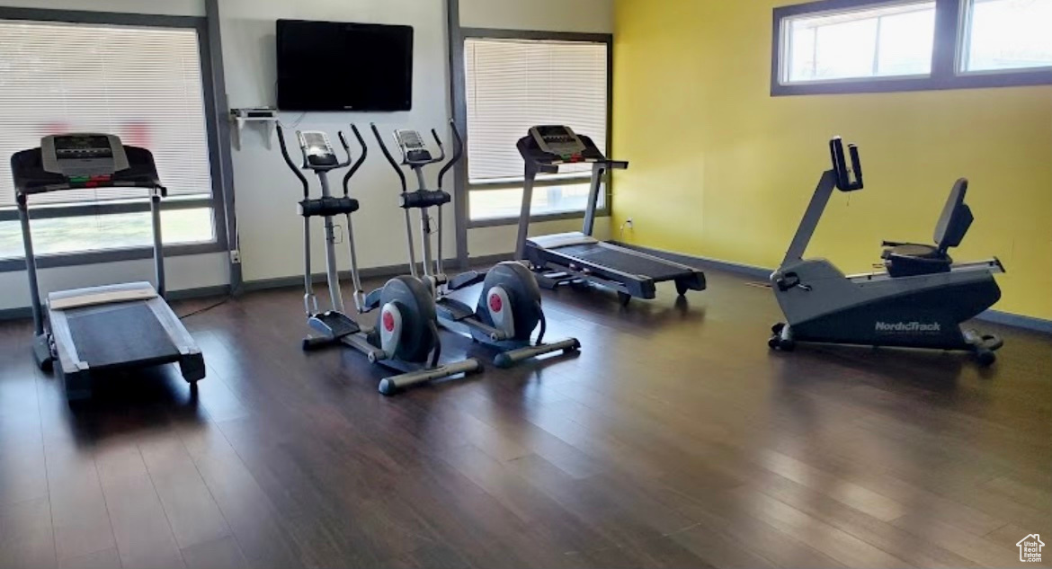 Workout room featuring dark wood-type flooring