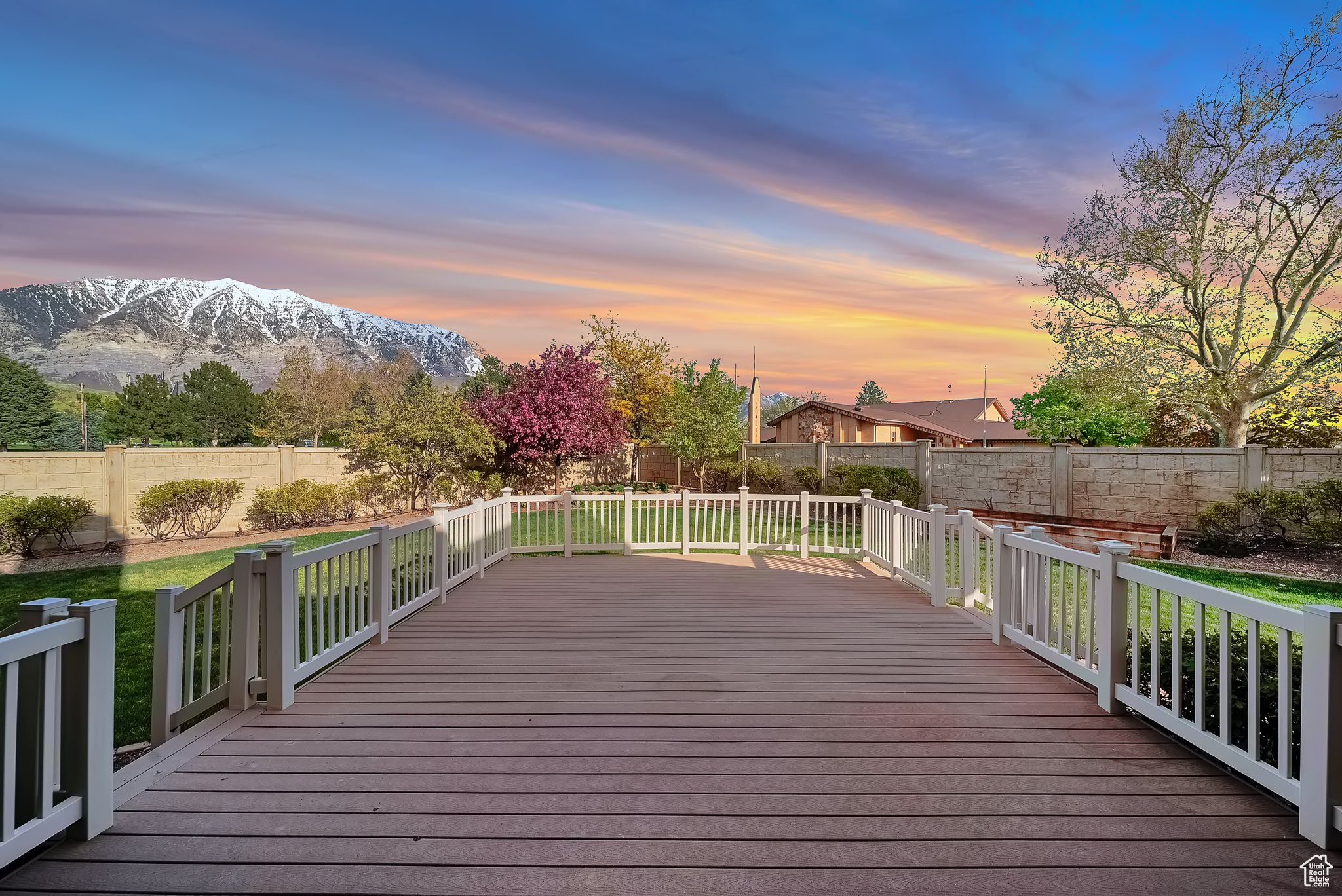 Deck at dusk with a mountain view