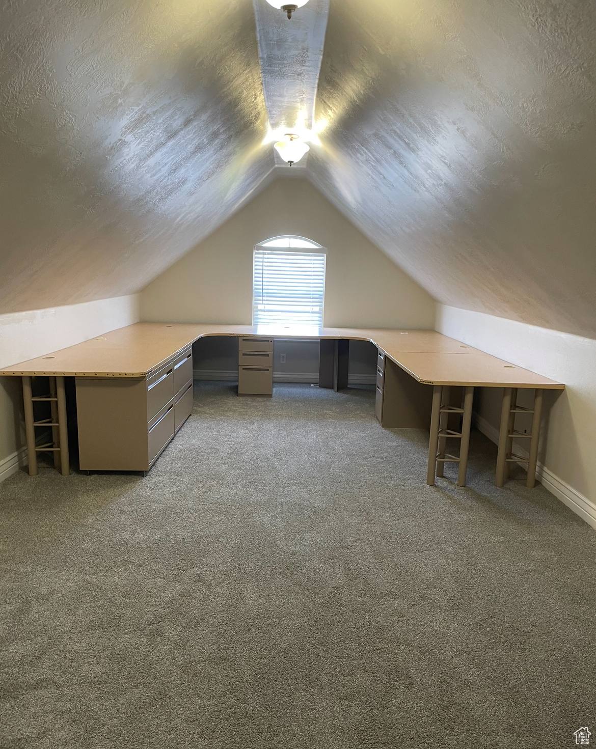 Additional living space with carpet, vaulted ceiling, and a textured ceiling