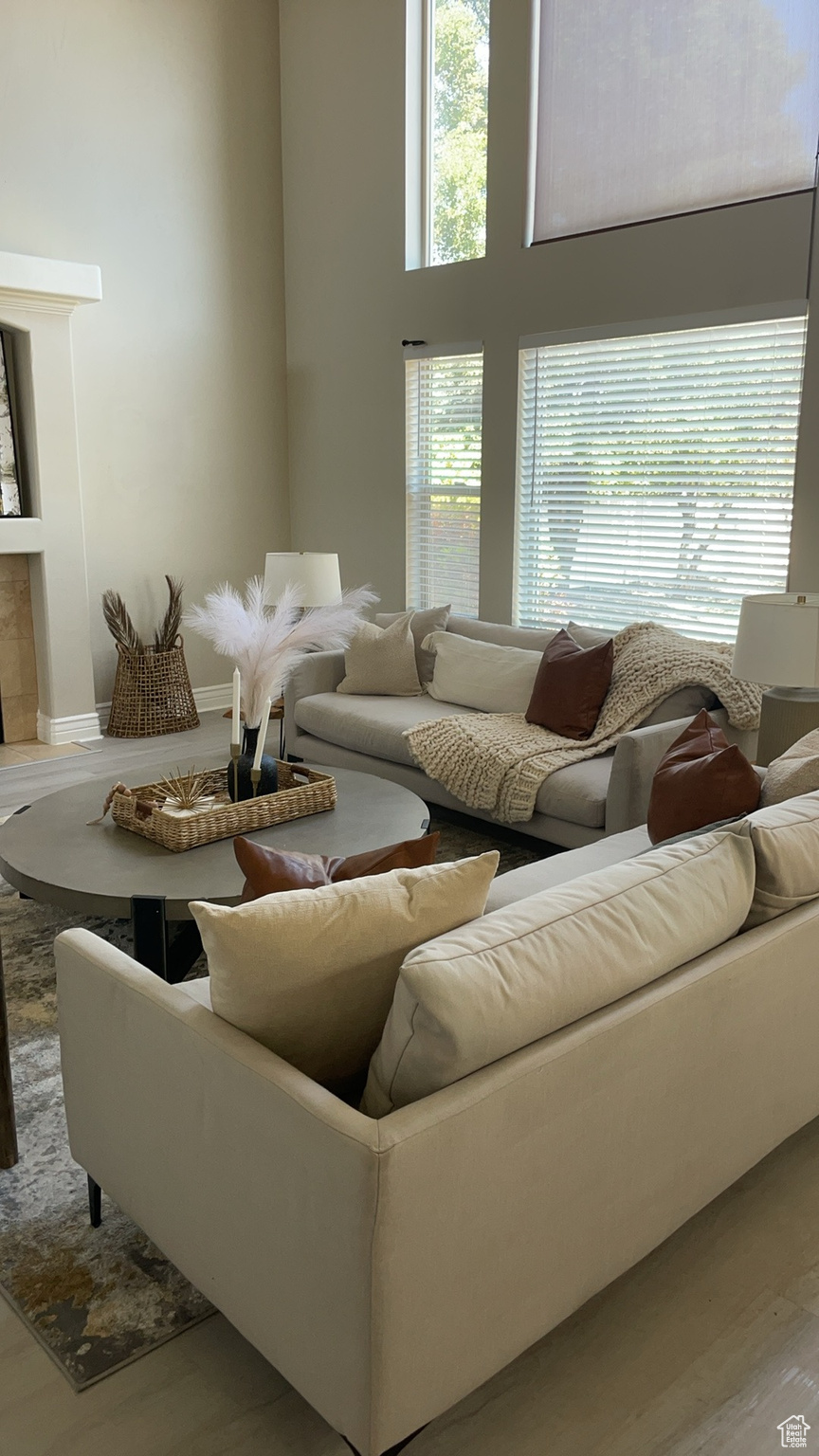 Living room with a high ceiling and light hardwood / wood-style flooring