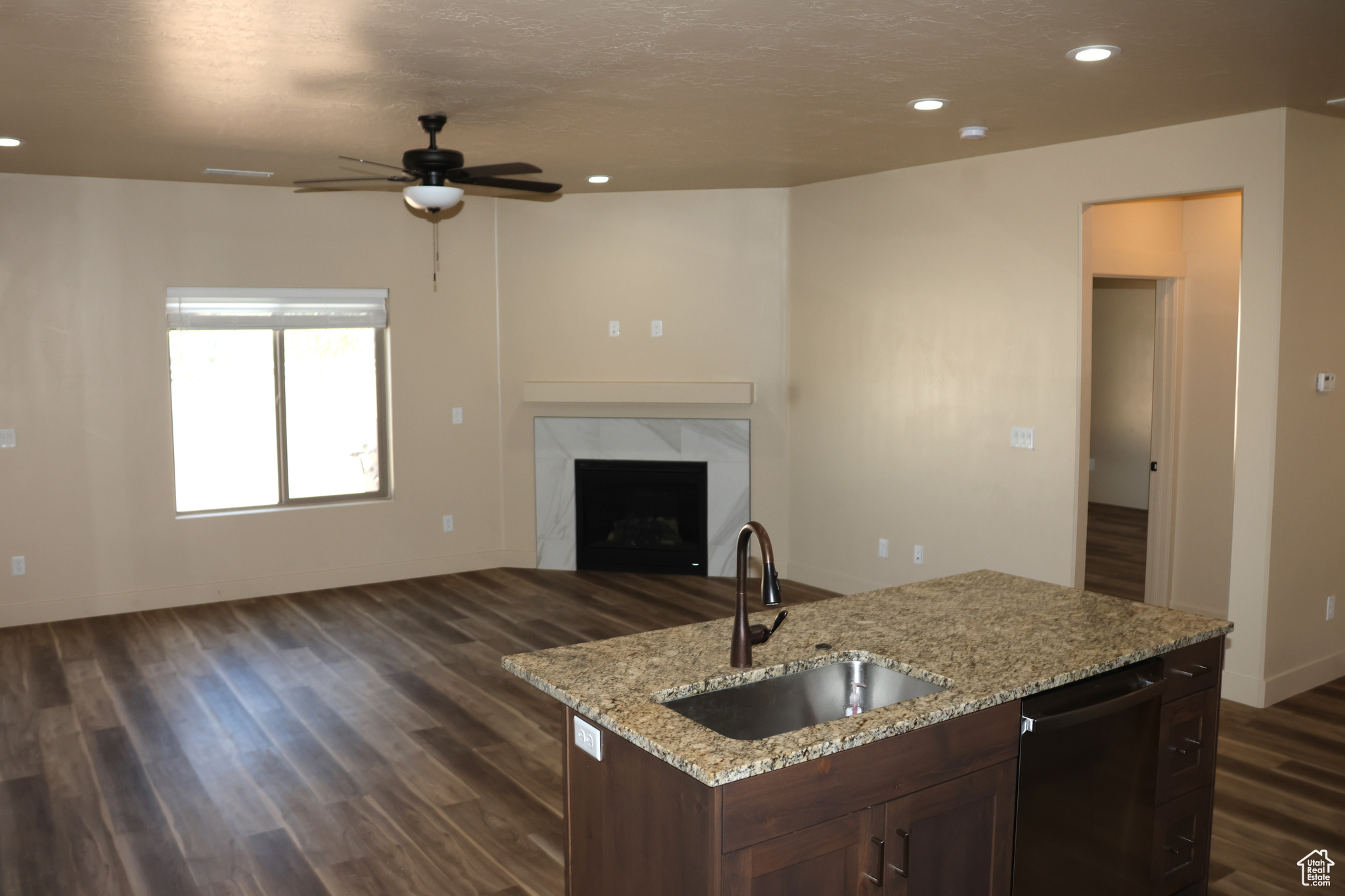 Kitchen featuring a premium fireplace, ceiling fan, dishwasher, sink, and dark hardwood / wood-style flooring