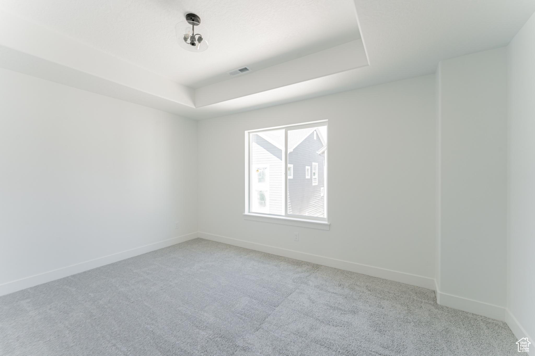 Spare room featuring carpet floors and a tray ceiling