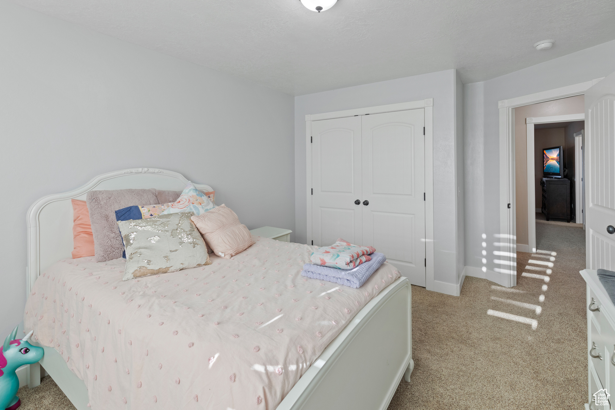 Carpeted bedroom featuring a closet