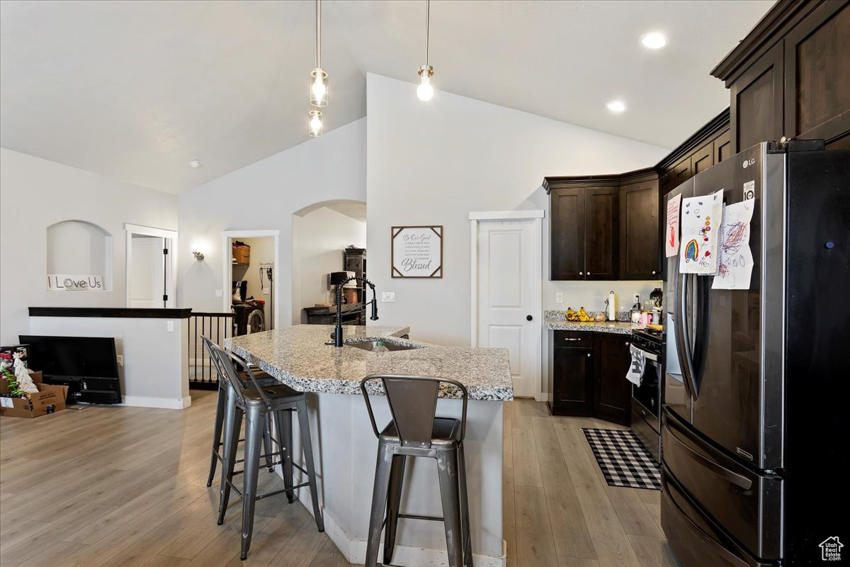 Kitchen featuring dark brown cabinets, light wood-type flooring, stainless steel appliances, and lofted ceiling