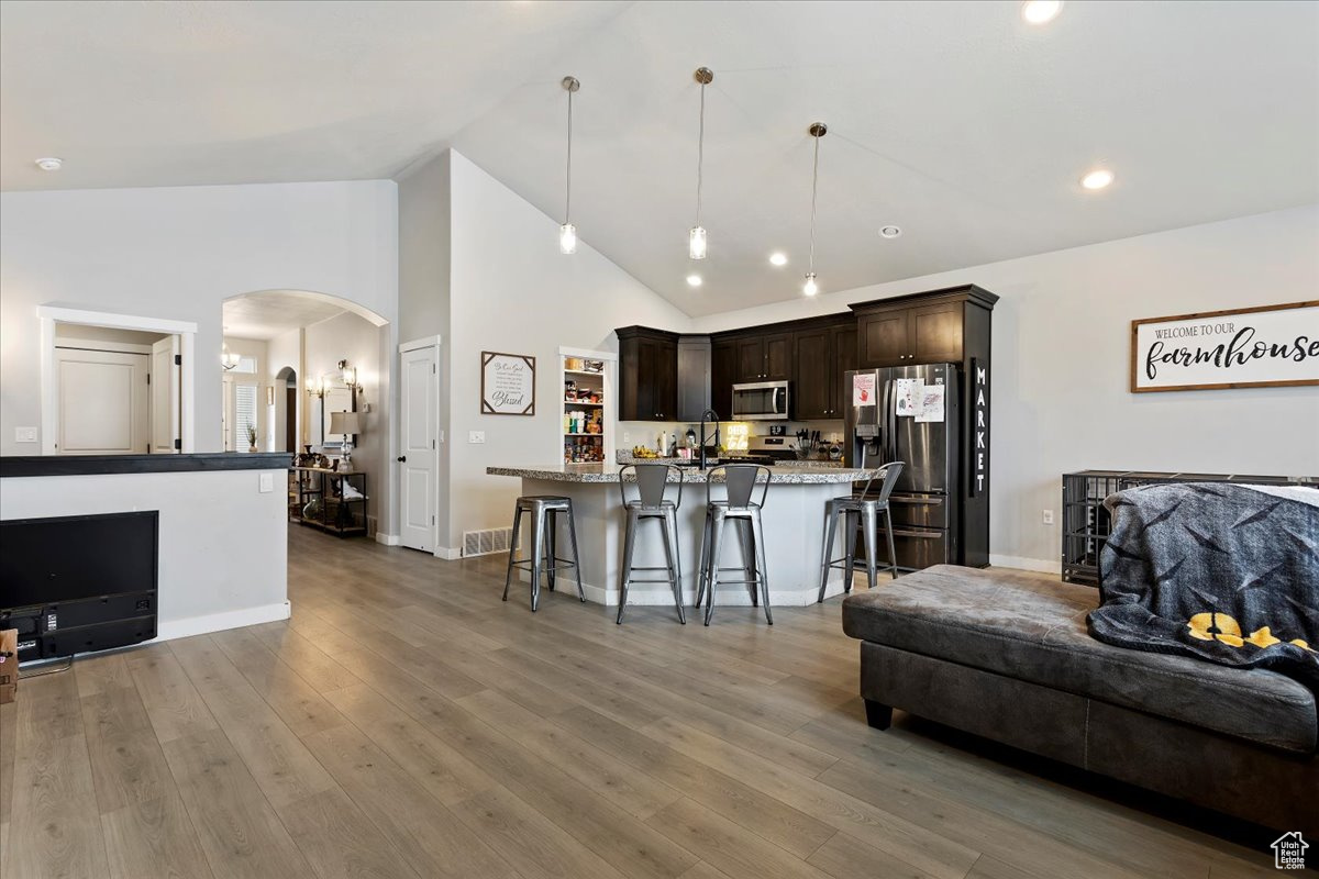 Living room with wood-type flooring and high vaulted ceiling