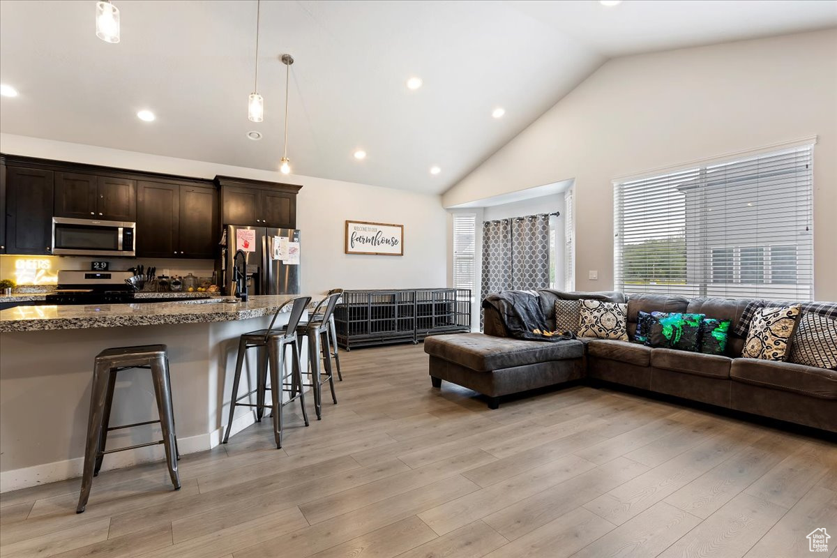 Living room with high vaulted ceiling and light hardwood / wood-style flooring