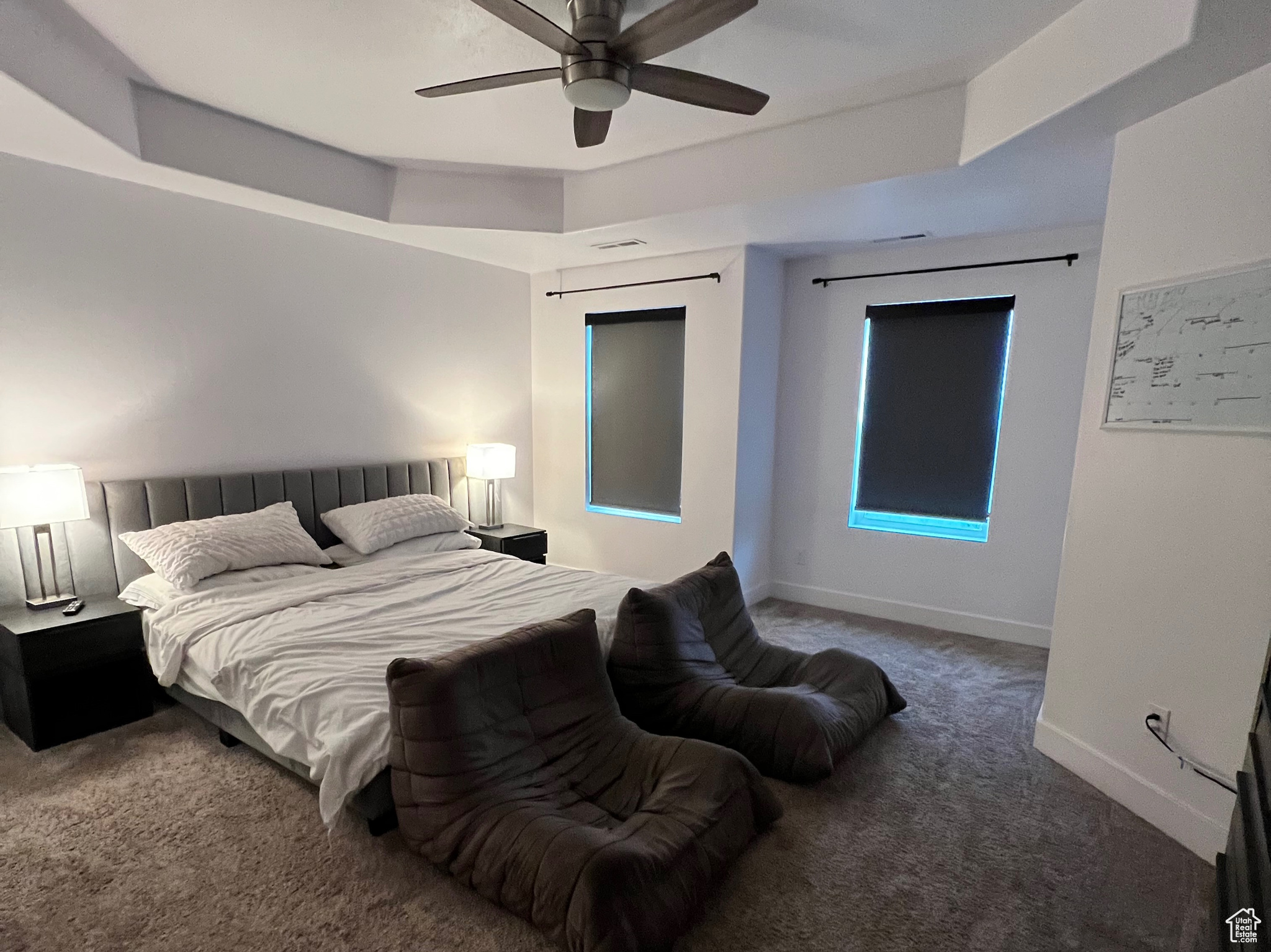Carpeted bedroom featuring ceiling fan and a tray ceiling