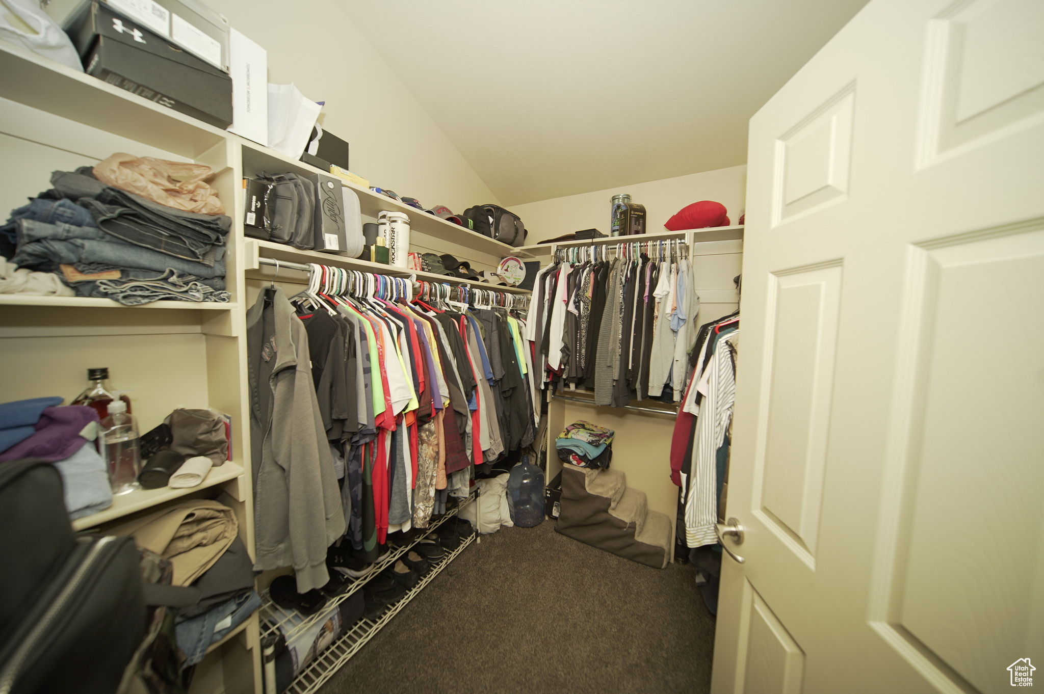 Walk in closet with vaulted ceiling and carpet