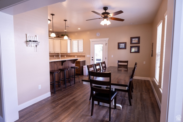 Dining space with dark hardwood / wood-style flooring, ceiling fan, and sink