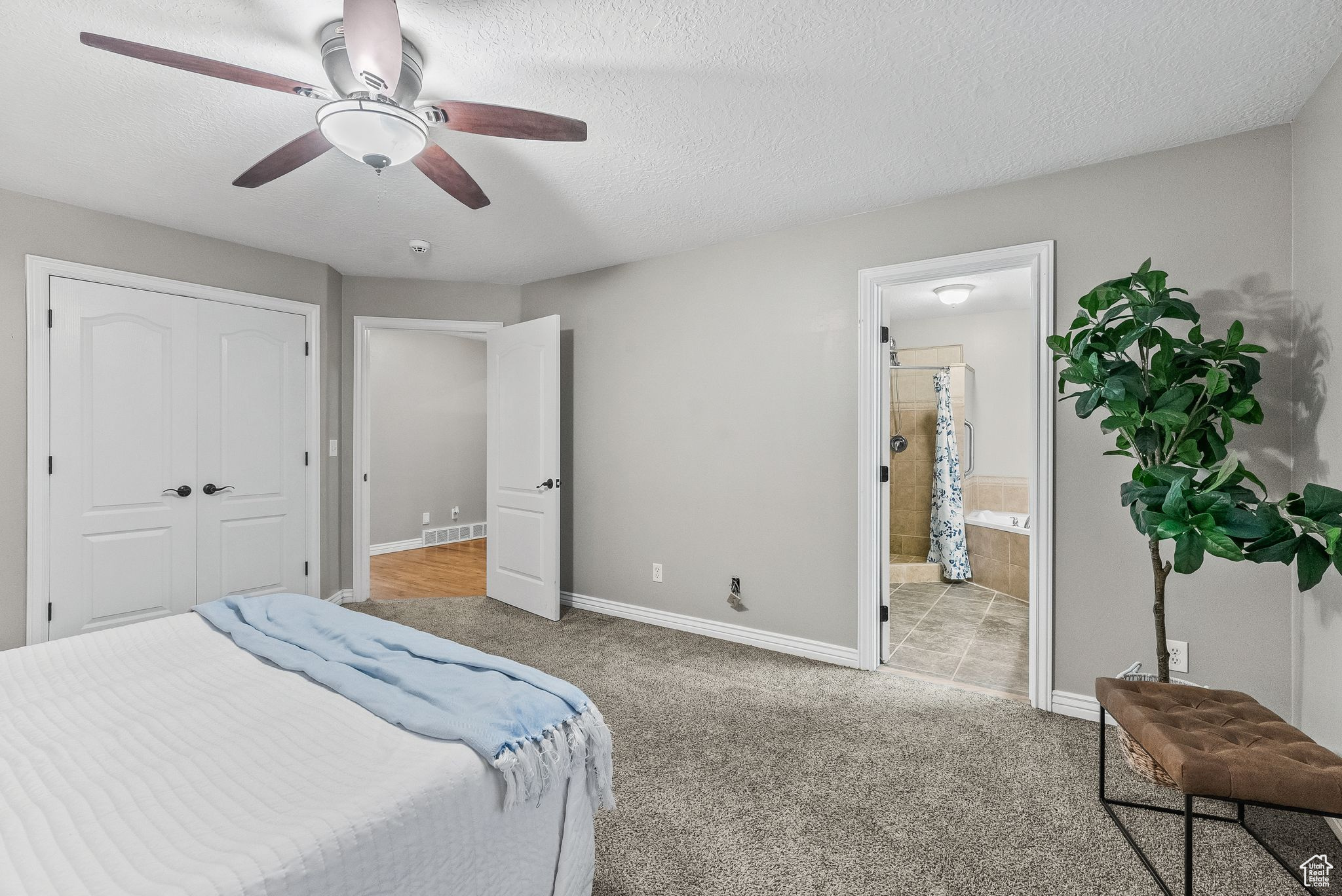 Carpeted bedroom featuring a closet, ceiling fan, ensuite bathroom, and a textured ceiling