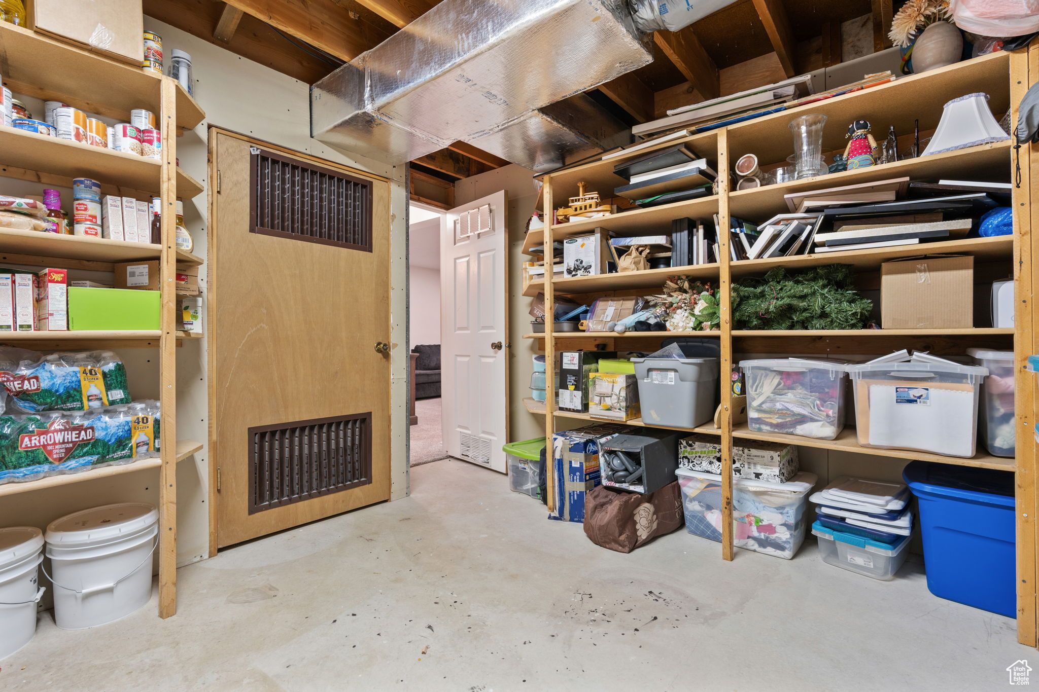 View of storage room, furnace is inside wood door area
