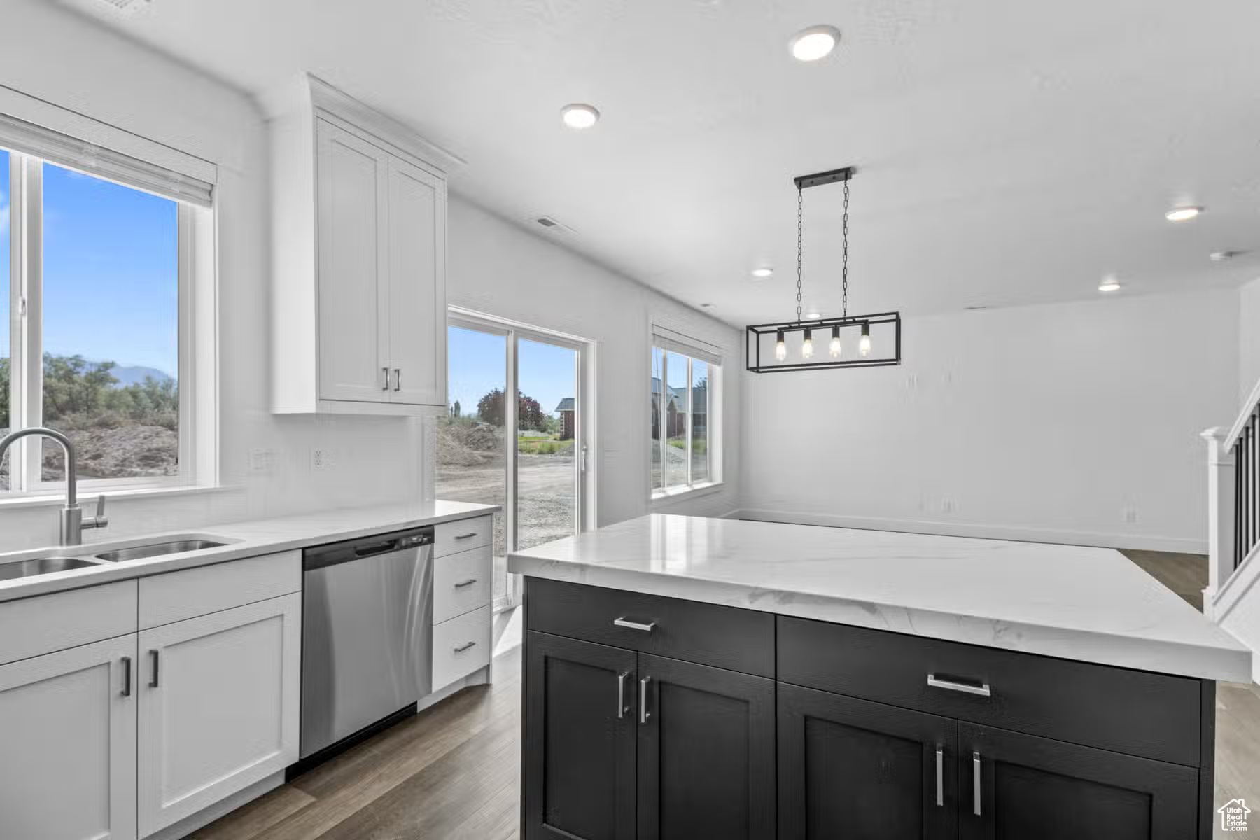 Kitchen with white cabinets, sink, stainless steel dishwasher, hardwood / wood-style flooring, and pendant lighting