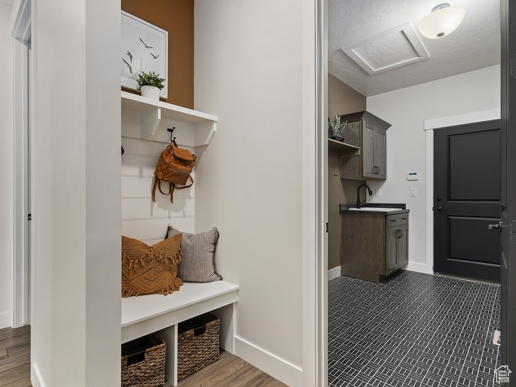 Mudroom with sink and dark hardwood / wood-style floors