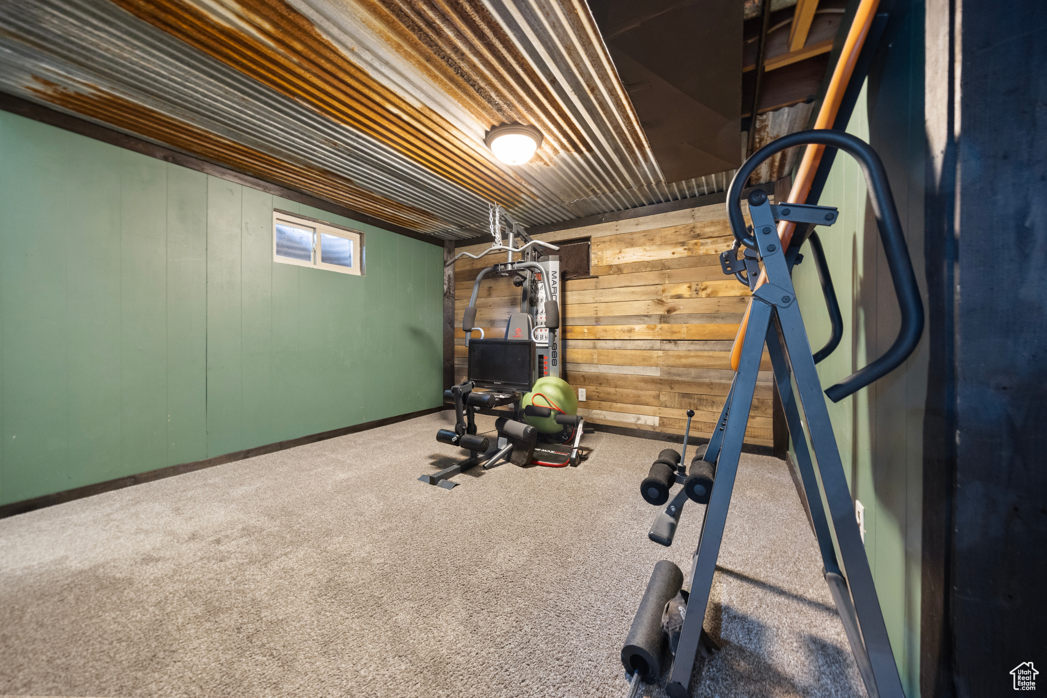 Exercise area featuring carpet and wooden walls