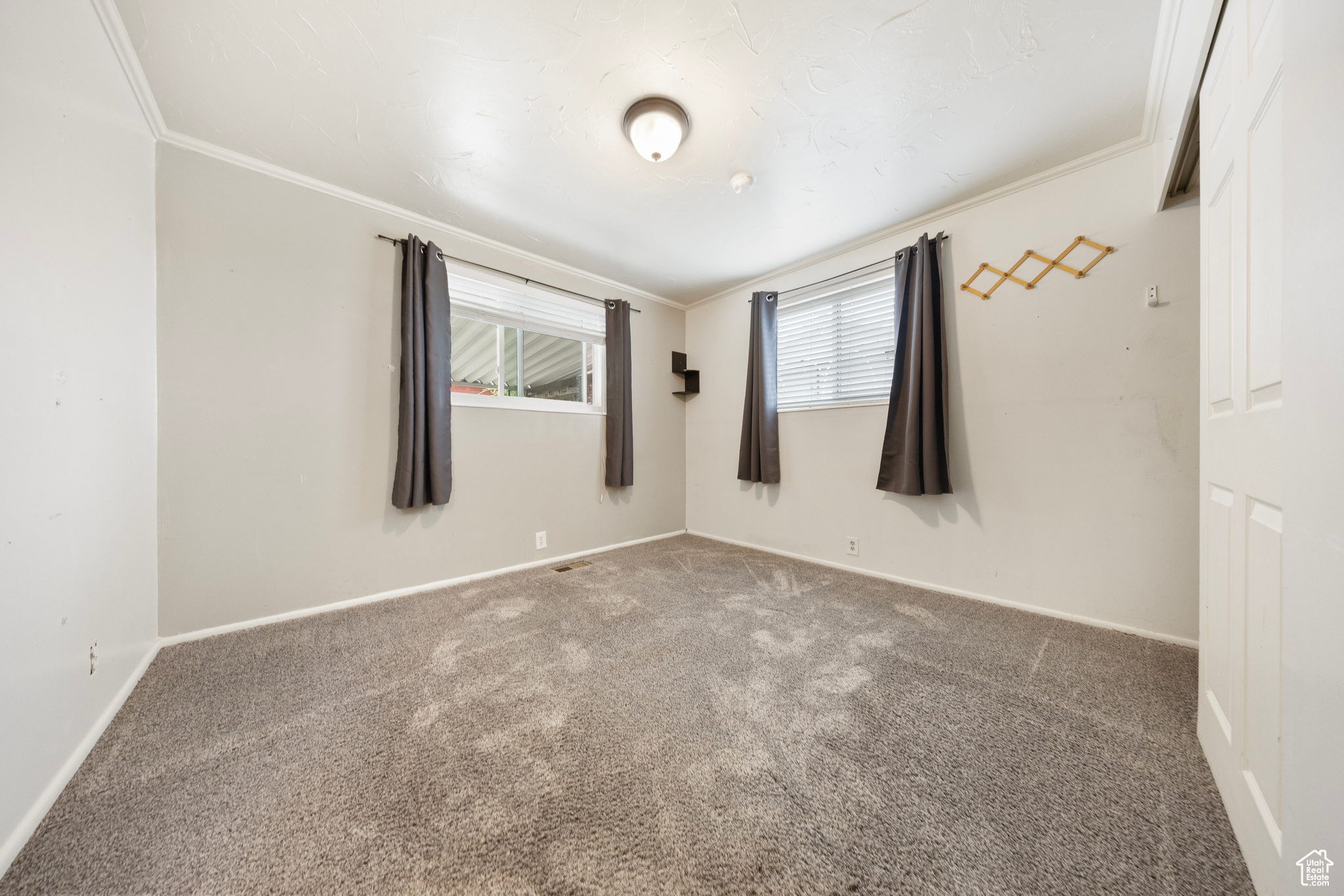 Spare room featuring carpet floors and crown molding
