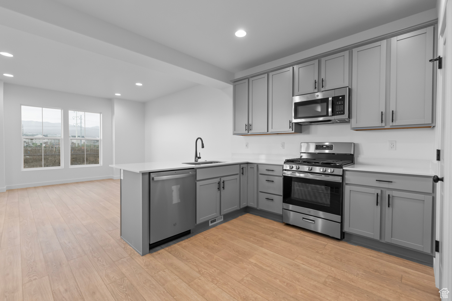 Kitchen with appliances with stainless steel finishes, sink, gray cabinets, light hardwood / wood-style flooring, and kitchen peninsula