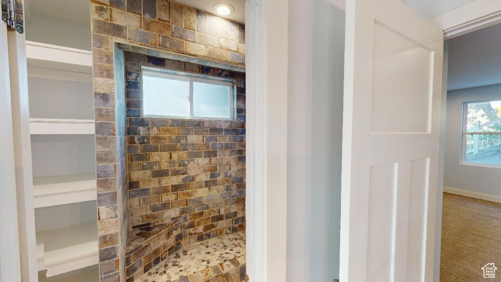 Shower and shelving in the 1st basement bathroom