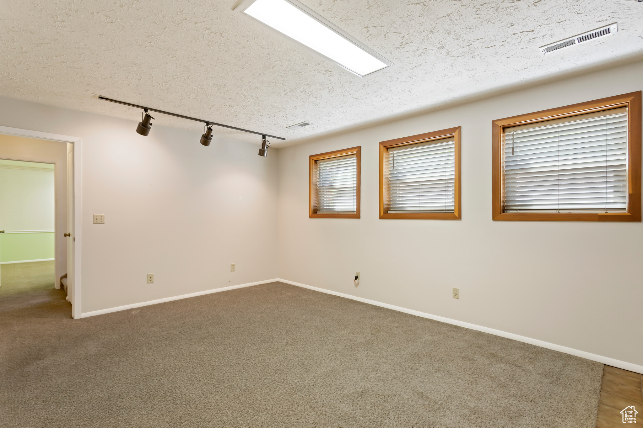 Empty room with track lighting, carpet flooring, and a textured ceiling