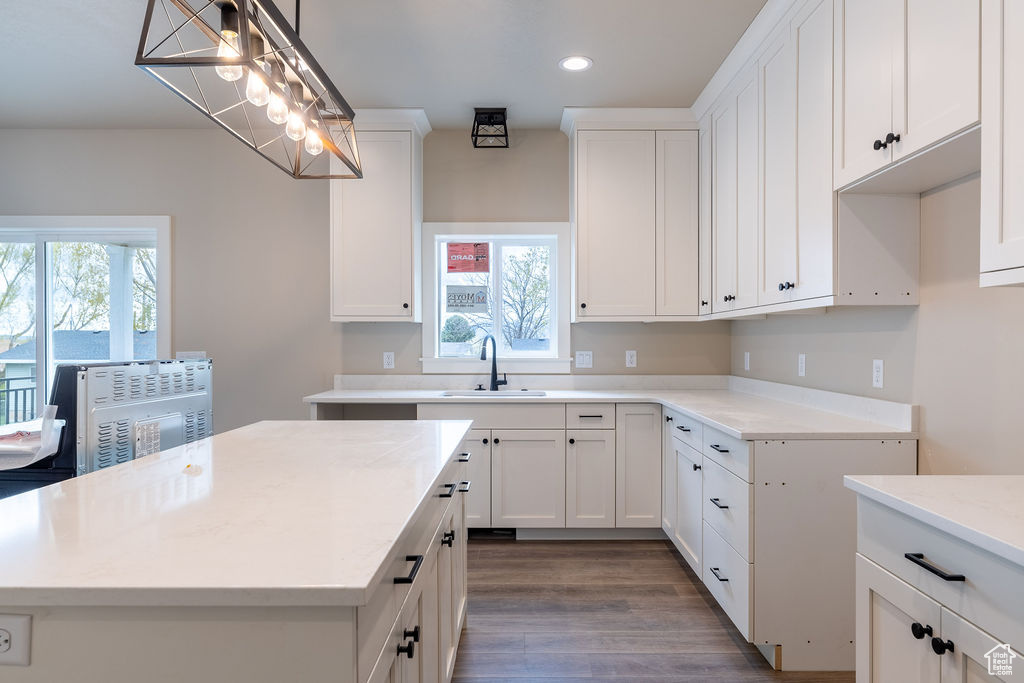 Kitchen with a healthy amount of sunlight, white cabinets, and dark hardwood / wood-style floors