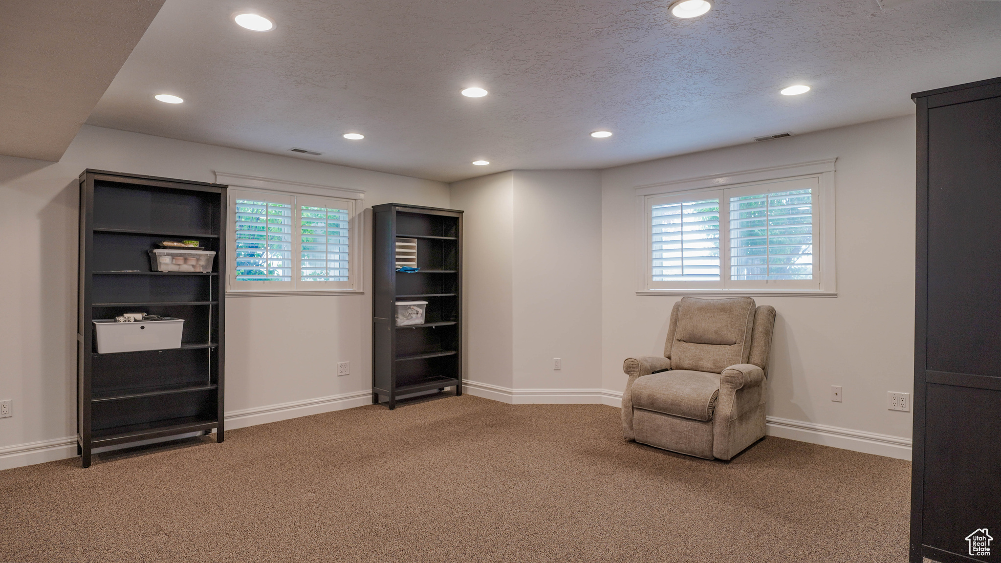 Spacious Basement Family Room with Natural Light and Ample Storage.