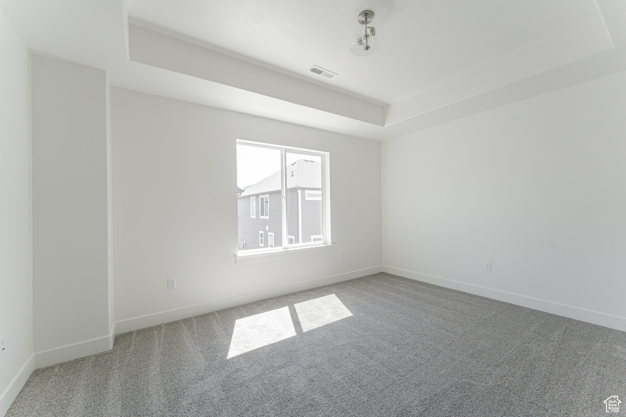 Carpeted spare room with a tray ceiling