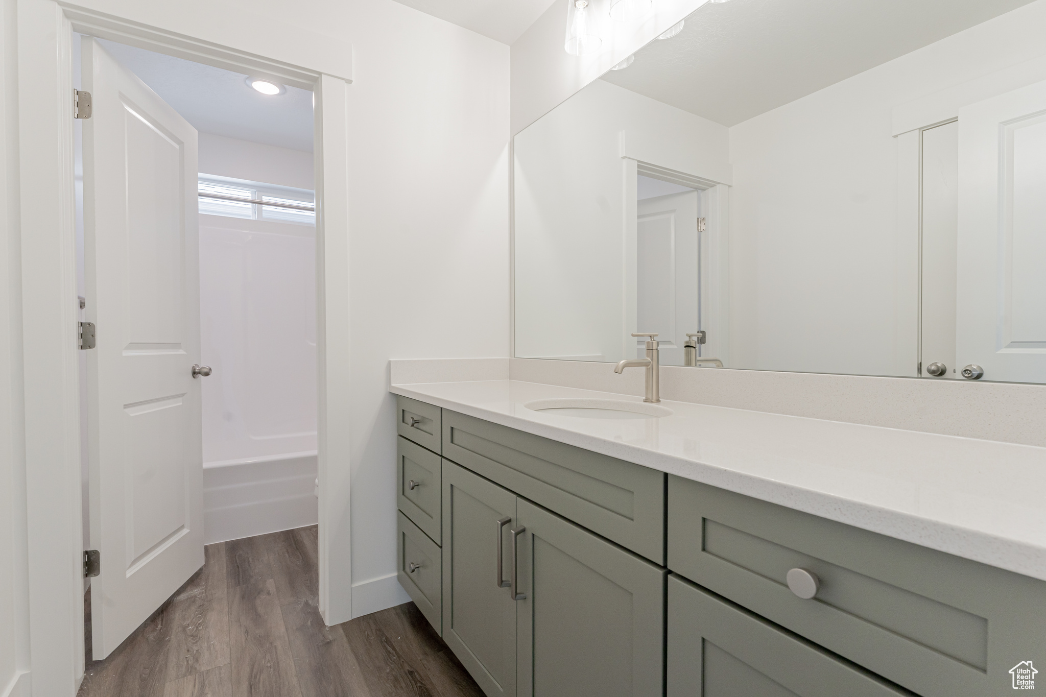 Bathroom with vanity and wood-type flooring