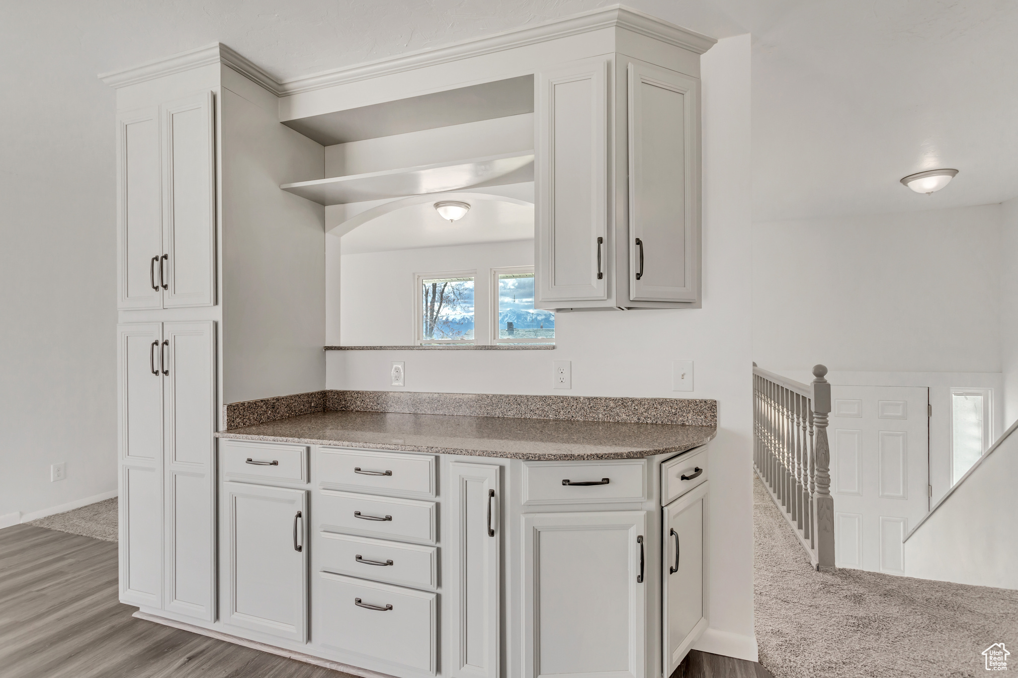 Kitchen featuring white cabinets and hardwood / wood-style flooring