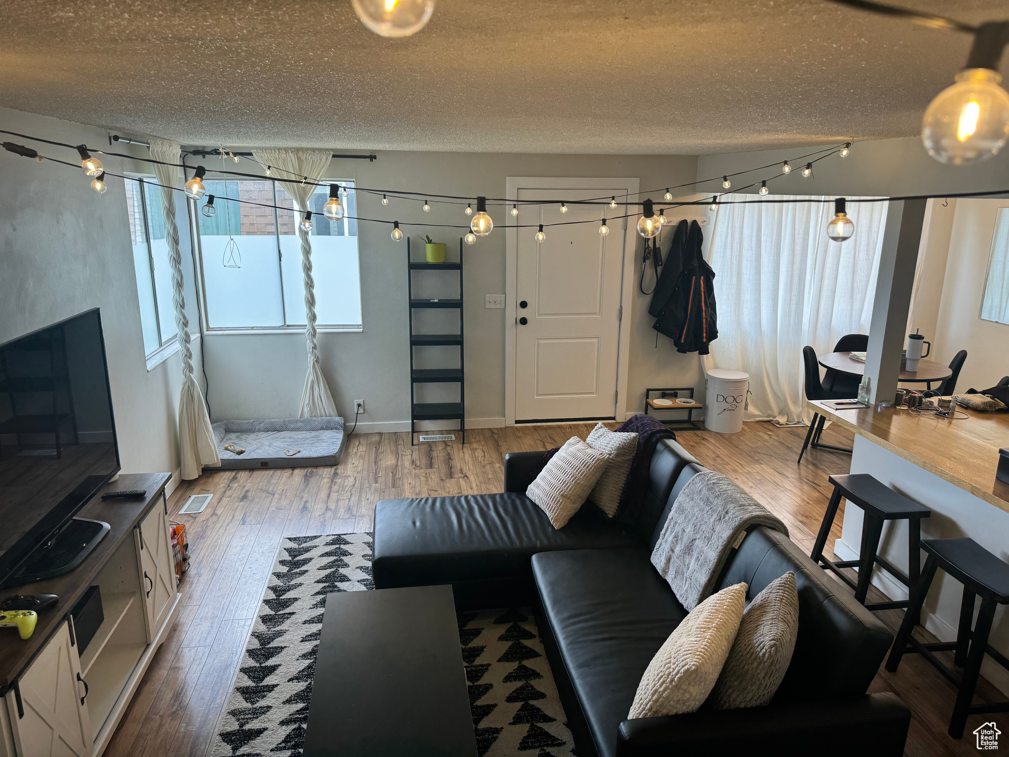 Living room featuring wood-type flooring and a textured ceiling