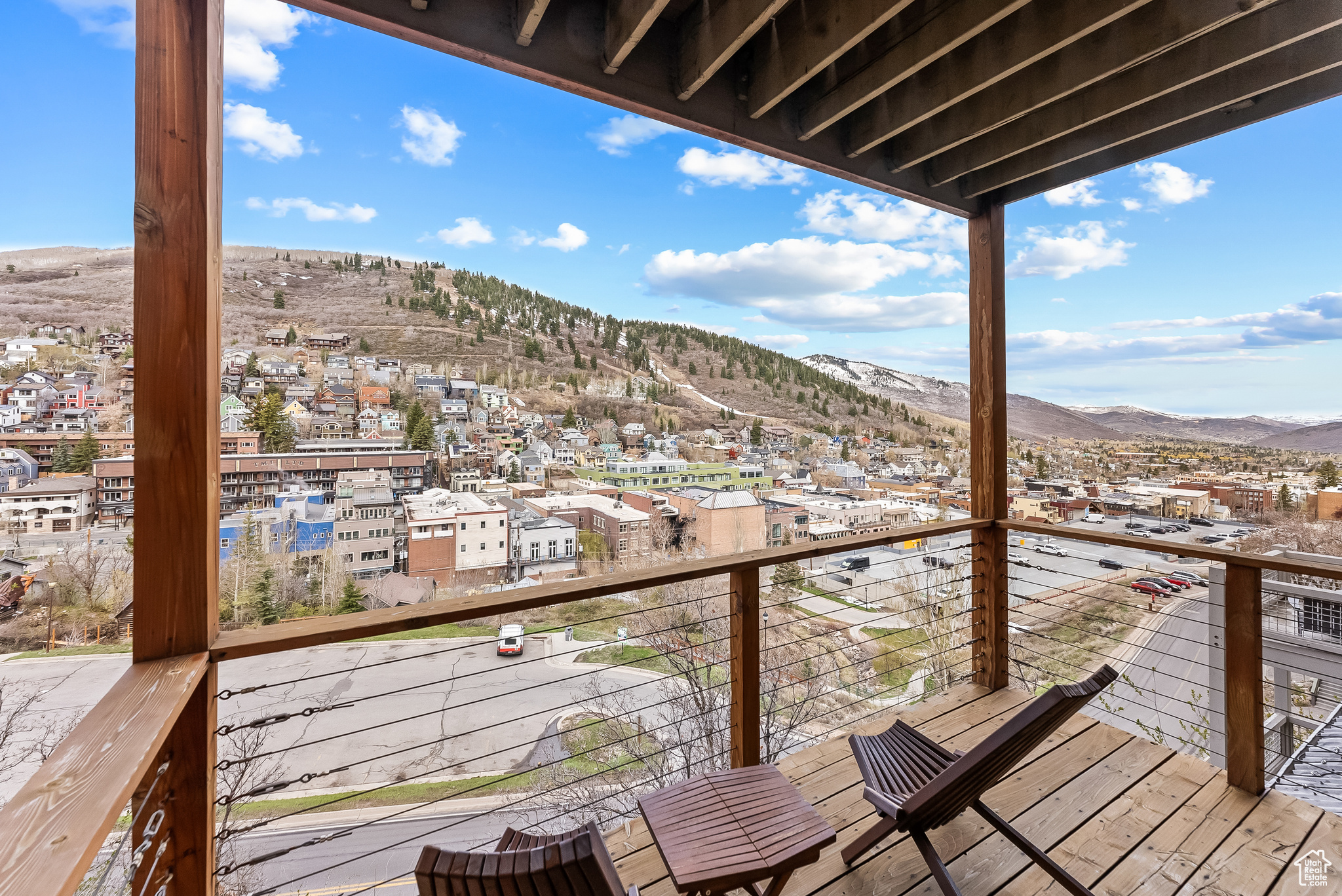 Wooden deck featuring a mountain view