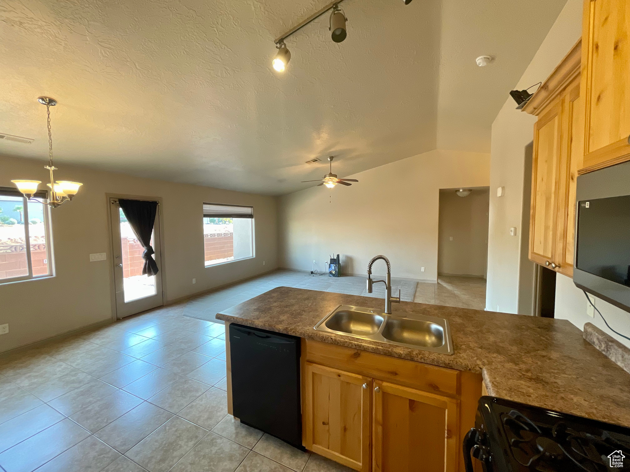 Kitchen with rail lighting, lofted ceiling, sink, and dishwasher