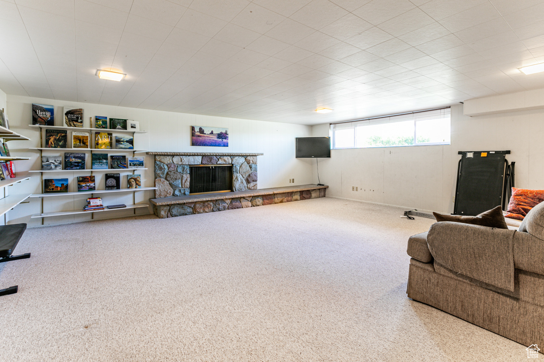 Large basement family room with fireplace and shelving