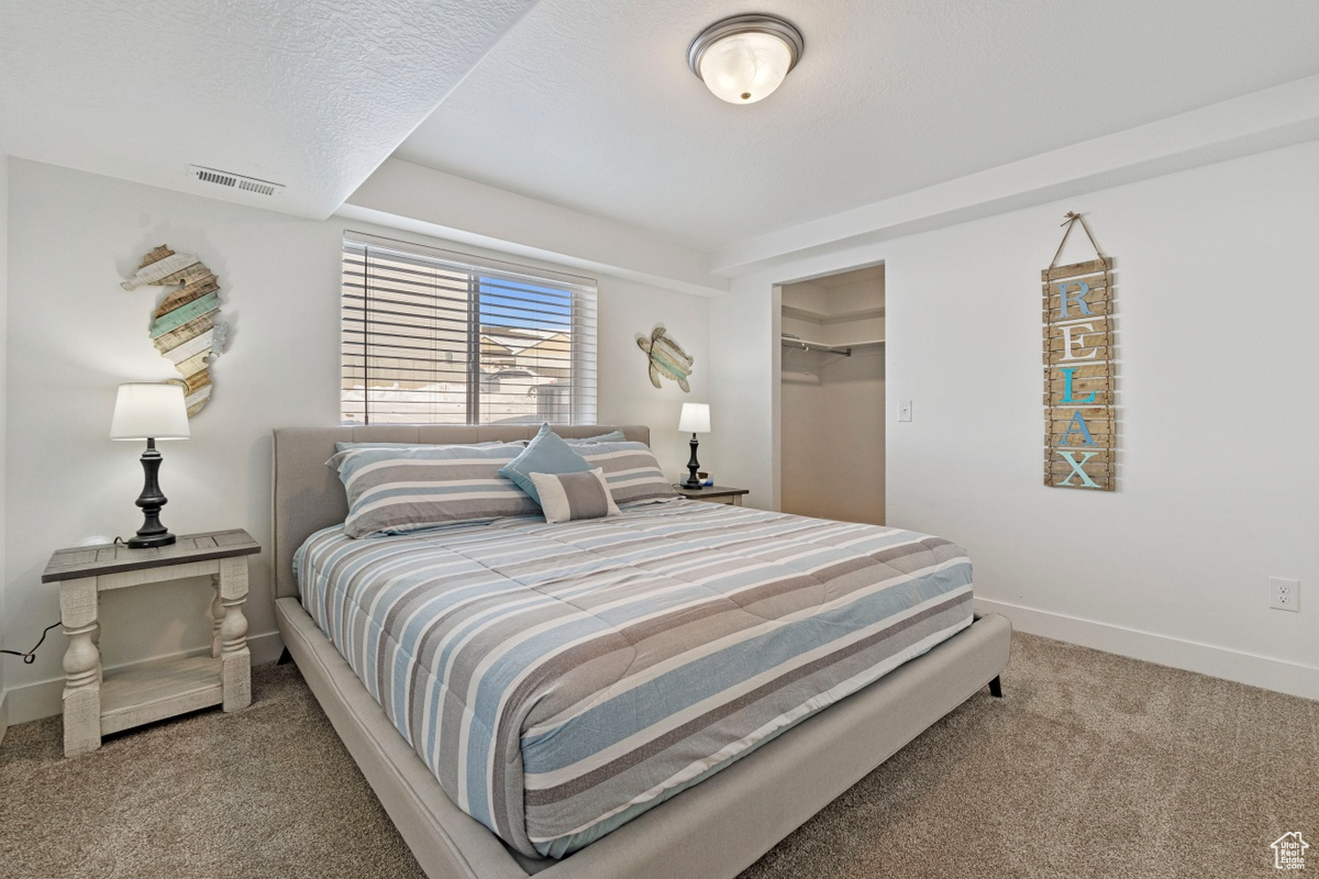 Carpeted bedroom featuring a spacious closet and a closet