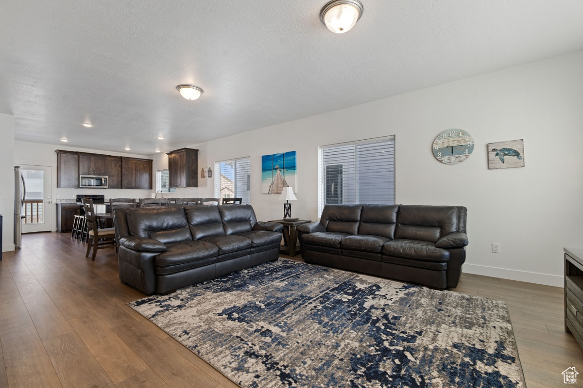 Living room with dark wood-type flooring