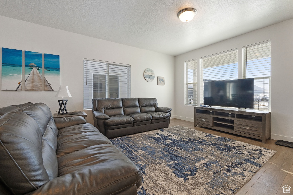 Living room with hardwood / wood-style floors