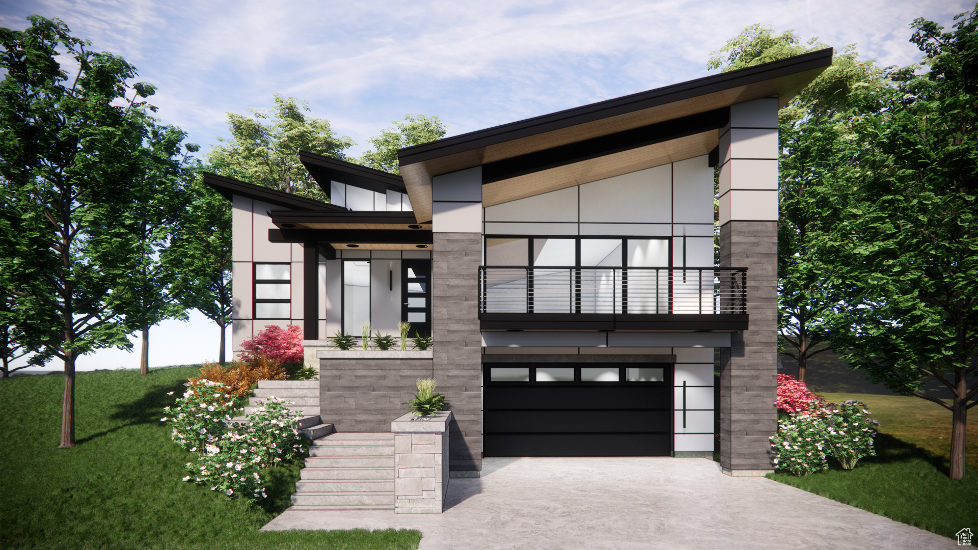 Contemporary home featuring a garage and a front lawn