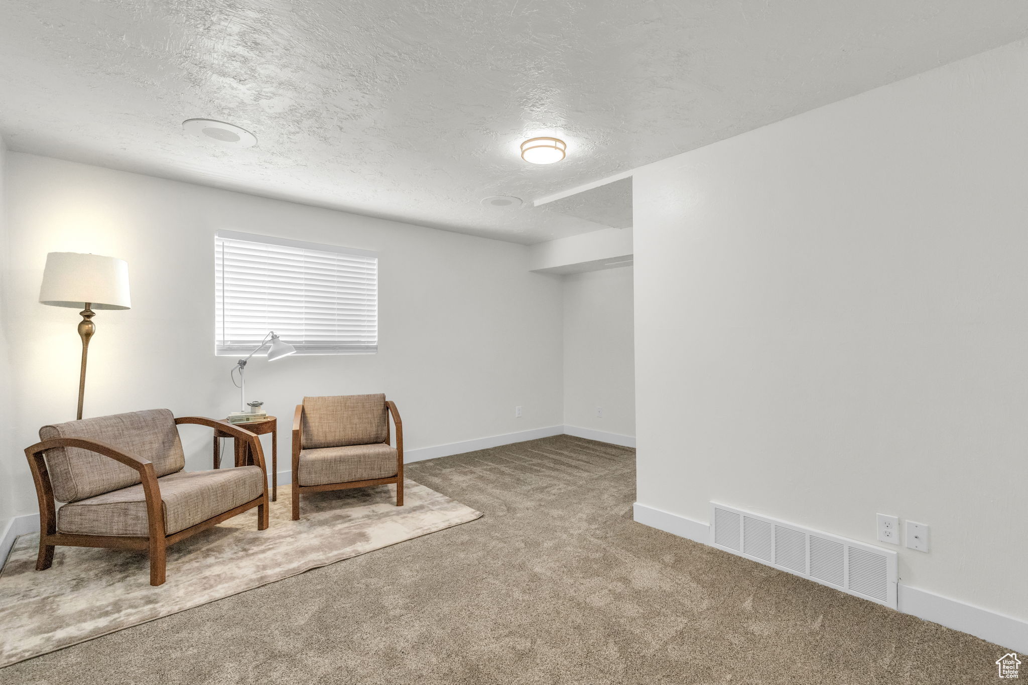 Sitting room with a textured ceiling and carpet flooring