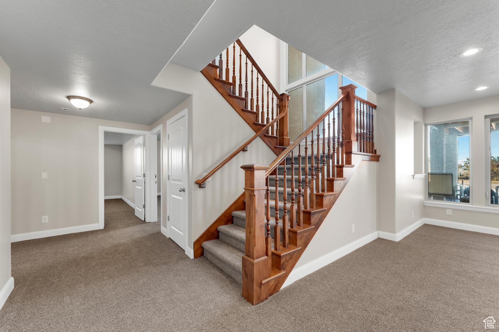 Stairs featuring light colored carpet and a textured ceiling