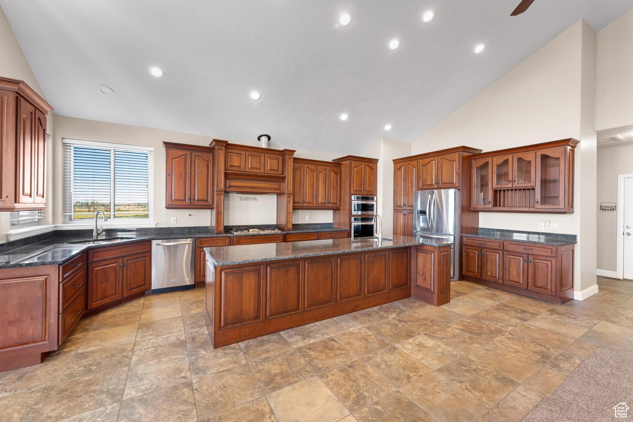 Kitchen with a center island, sink, dark stone countertops, appliances with stainless steel finishes, and high vaulted ceiling