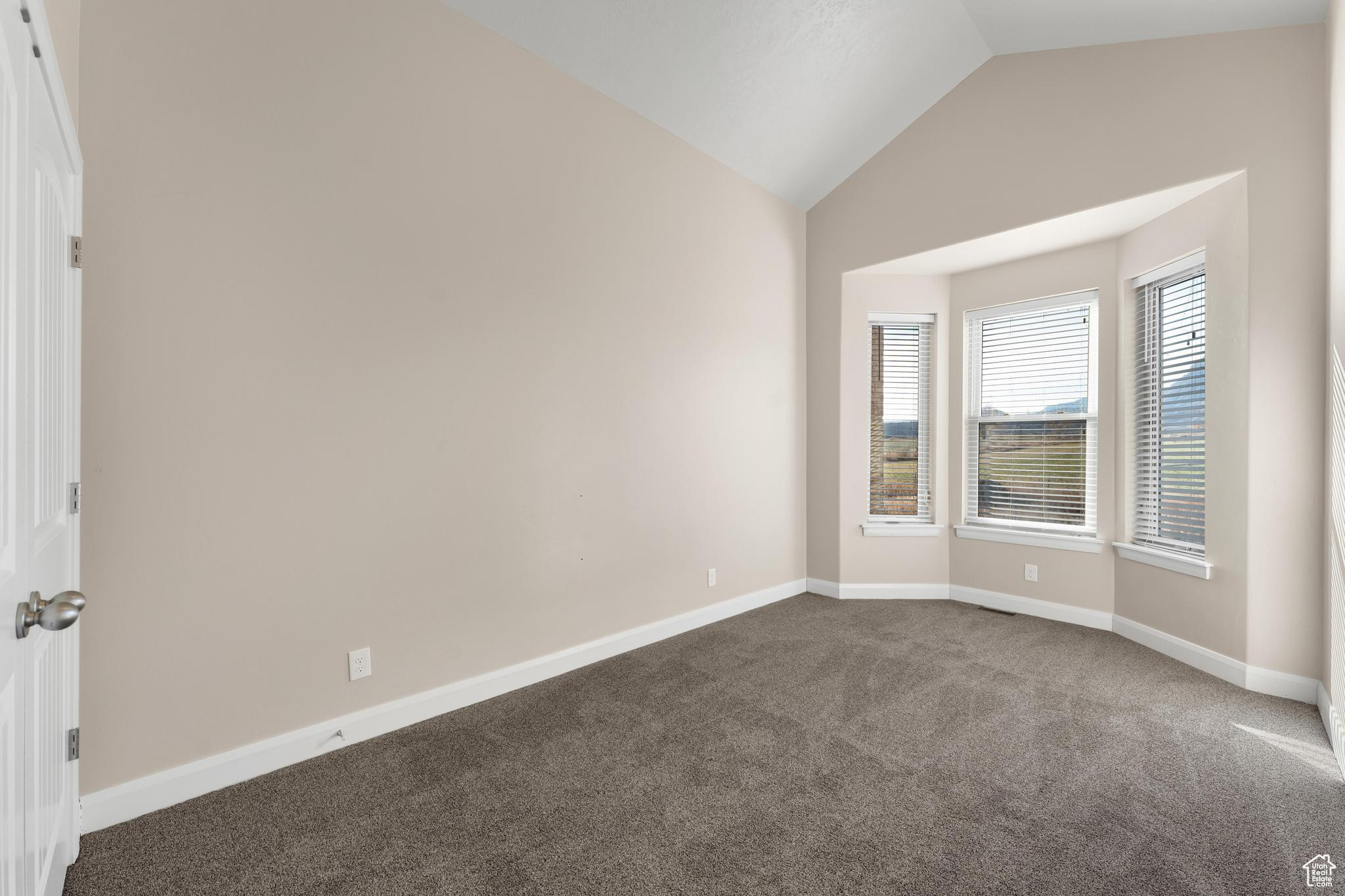 Spare bedroom featuring vaulted ceiling