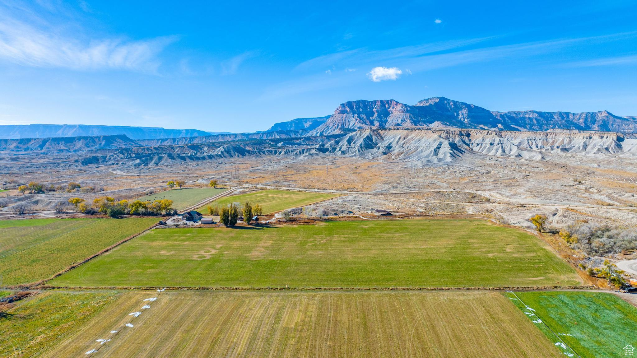 View of mountain feature with a rural view.  Working farm alpha hay parcel.