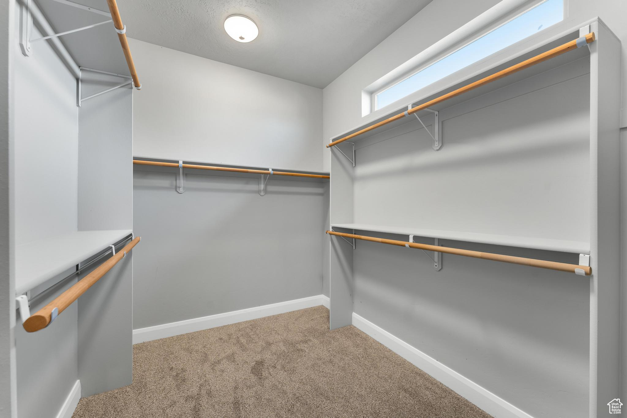 Walk in closet with light colored carpet