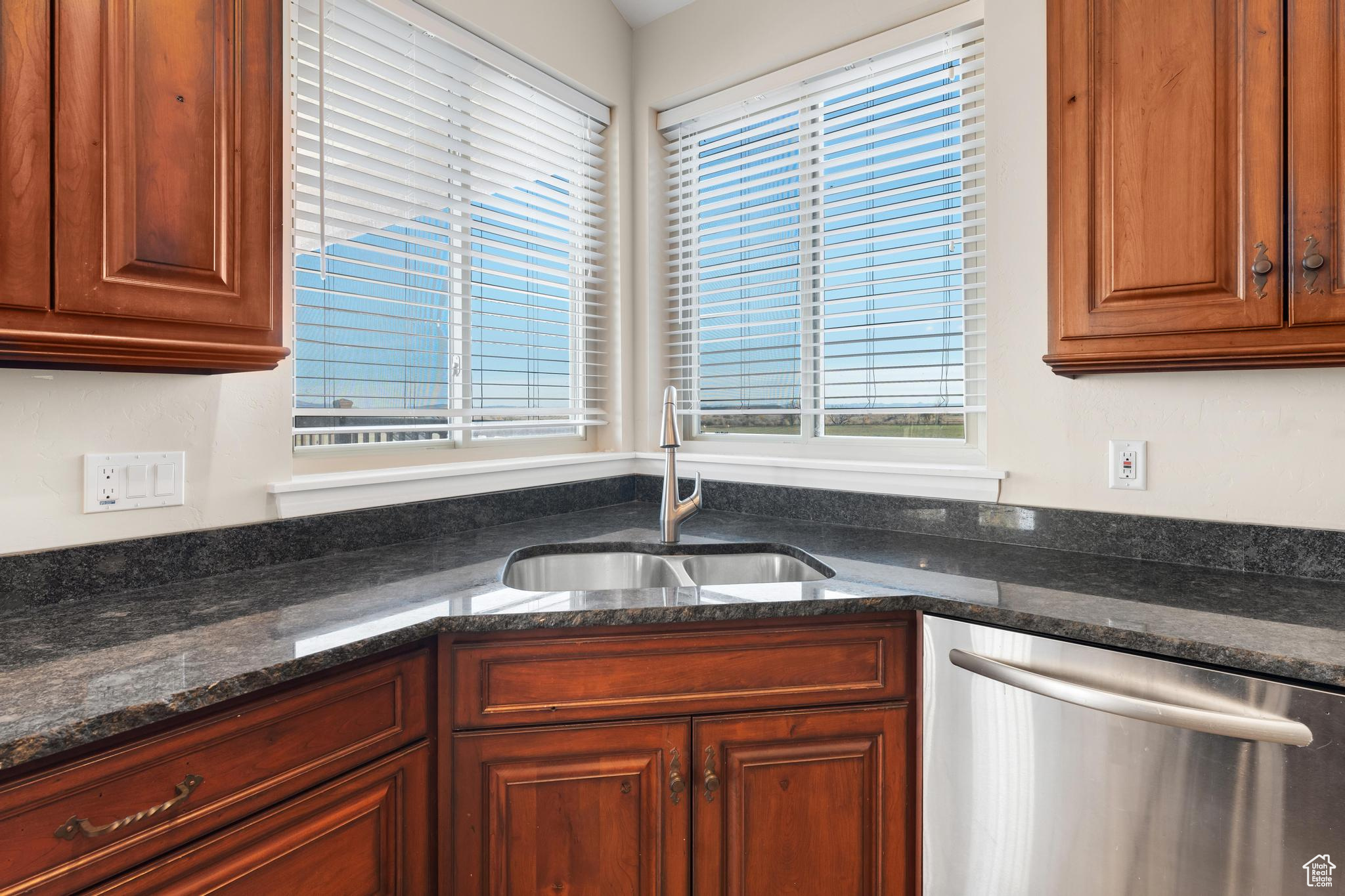 Kitchen with sink, dishwasher, and dark stone counters