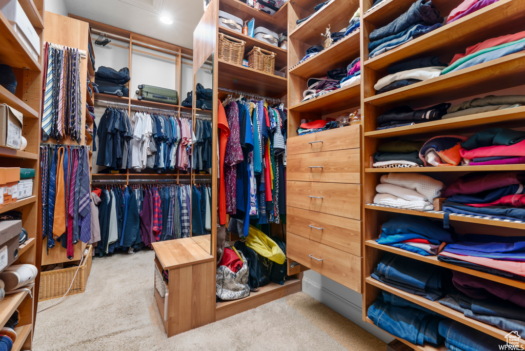 Walk in closet with carpet floors