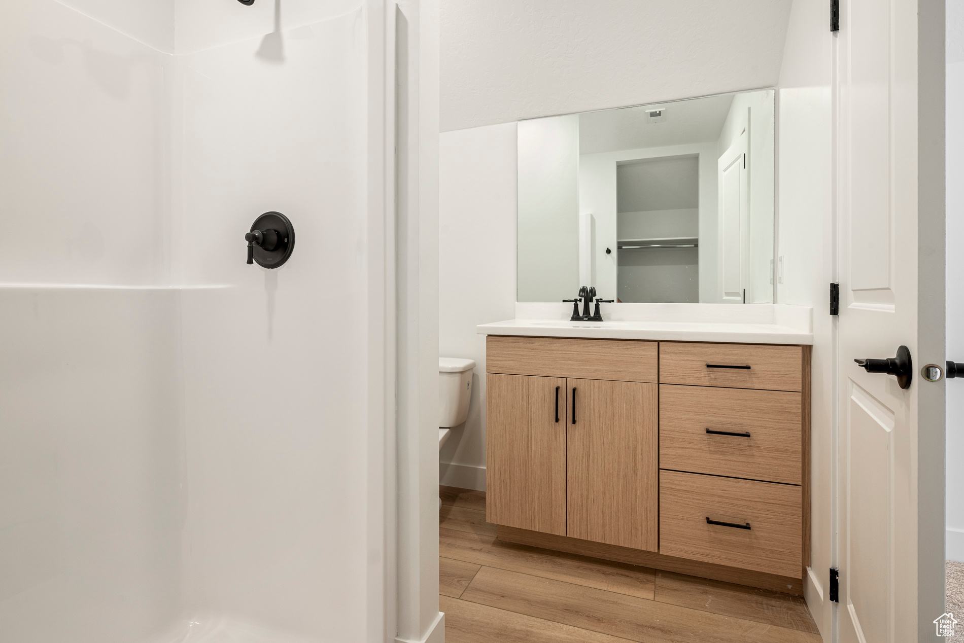 Bathroom featuring vanity, walk in shower, toilet, and hardwood / wood-style floors